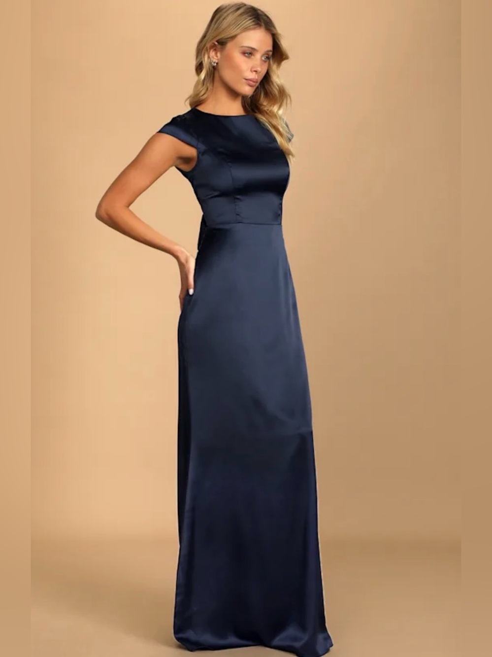 Lulus NWT Celebration Of Romance Navy Satin Back Tie Maxi Dress Gown L - Picture 2 of 15